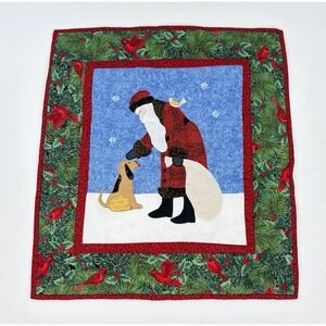 Vintage 23x25 Handmade Christmas Quilt Wall Hanging Santa Dog Cardinals Folk Art